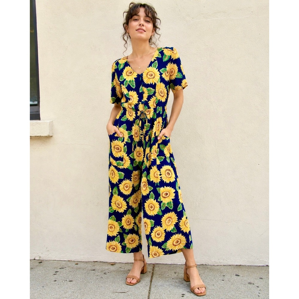 Vintage 90s Sunflower Print Rayon Jumpsuit | Cottagecore Boho Romper M